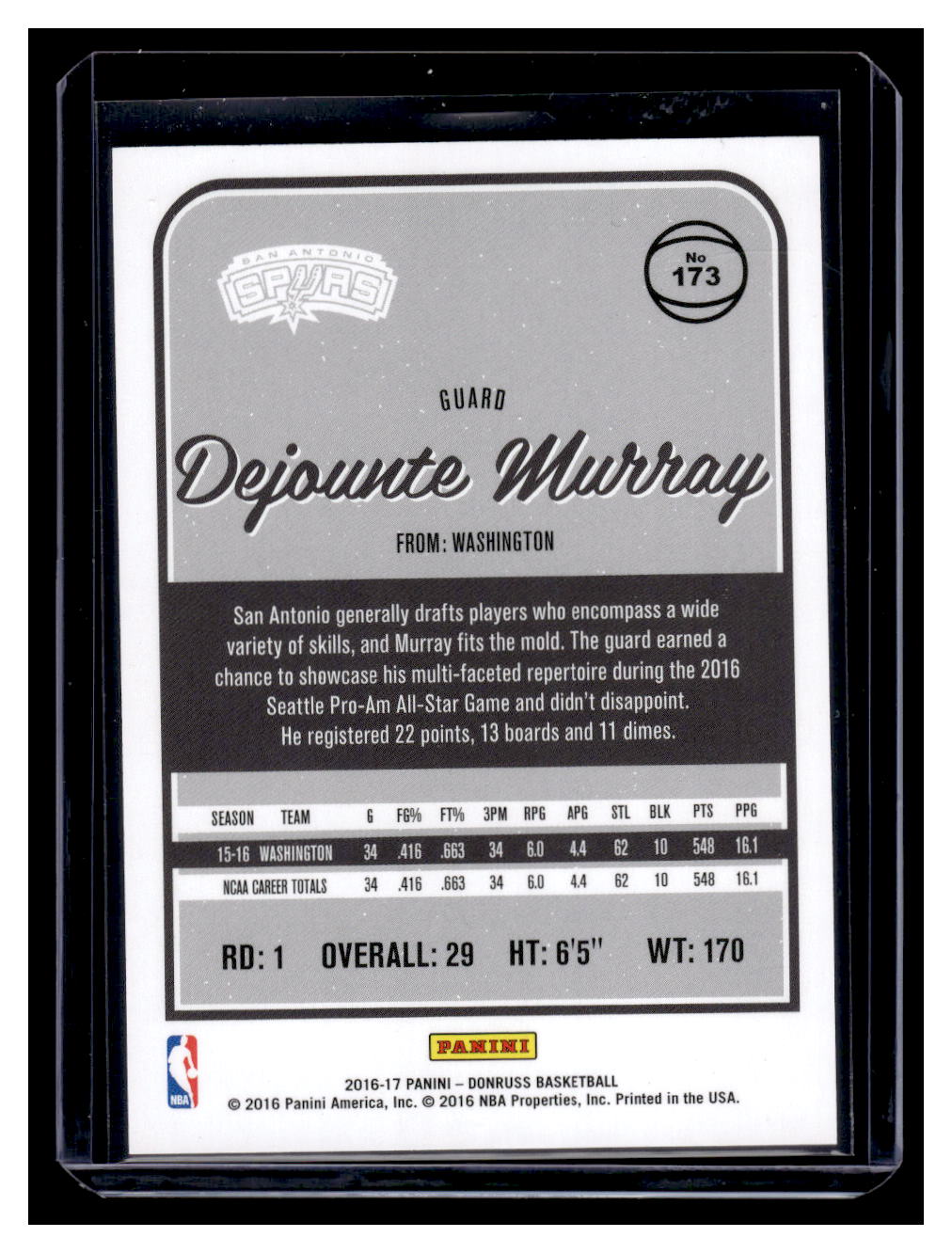 2016-17 Donruss #173 Dejounte Murray Press Proof #'d /299 (San Antonio Spurs)