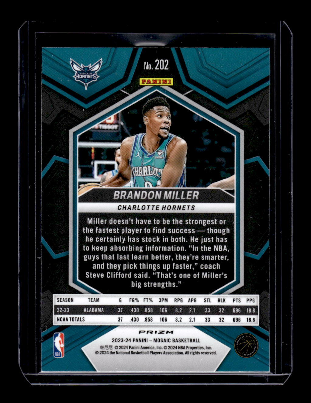 2023-24 Panini Mosaic Reactive Yellow Rookie #202 Brandon Miller (Charlotte Hornets)