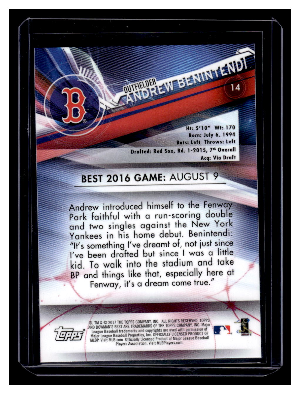 2017 Bowman's Best #14 Andre Benintendi Rookie RC (Boston Red Sox)