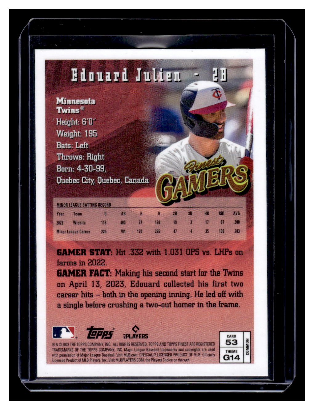 2023 Topps Finest #53 "GAMERS" Edouard Julien Rookie RC (Minnesota Twins)