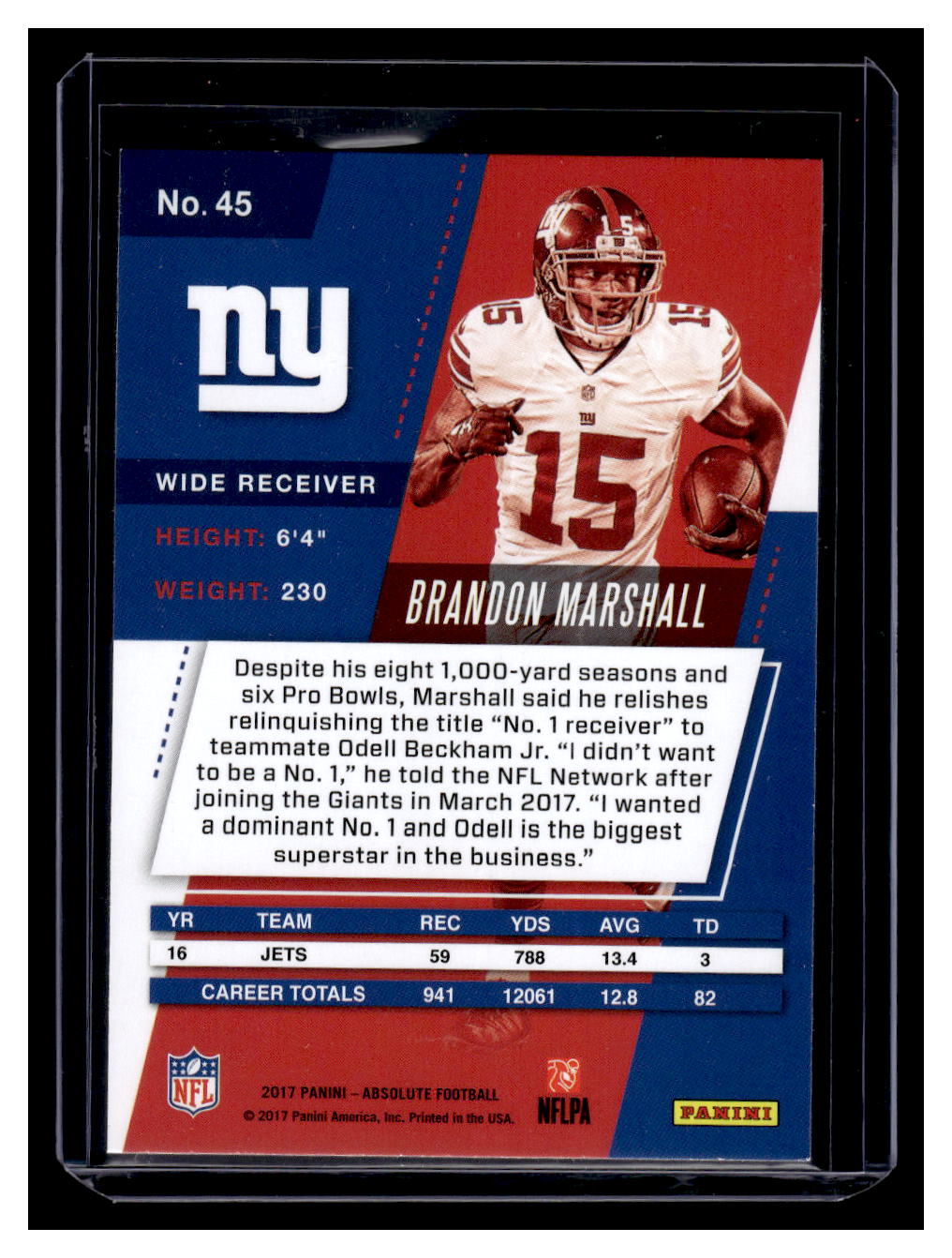 2017 Panini Absolute #45 Brandon Marshall (New York Giants)