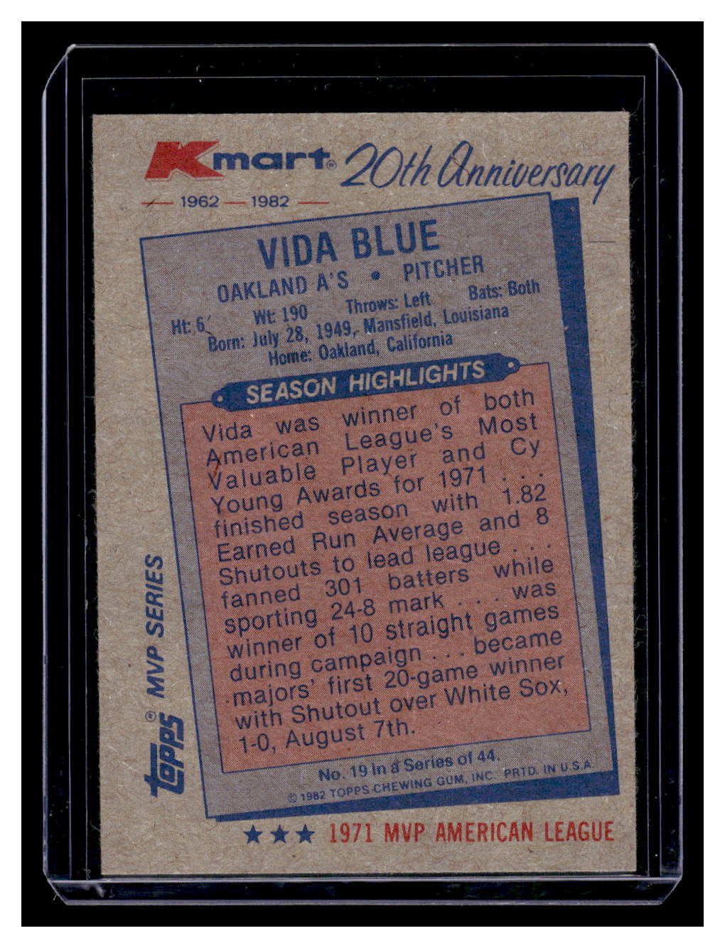 1982 Topps Kmart 20th Anniversary #19 Vida Blue (Oakland A's)