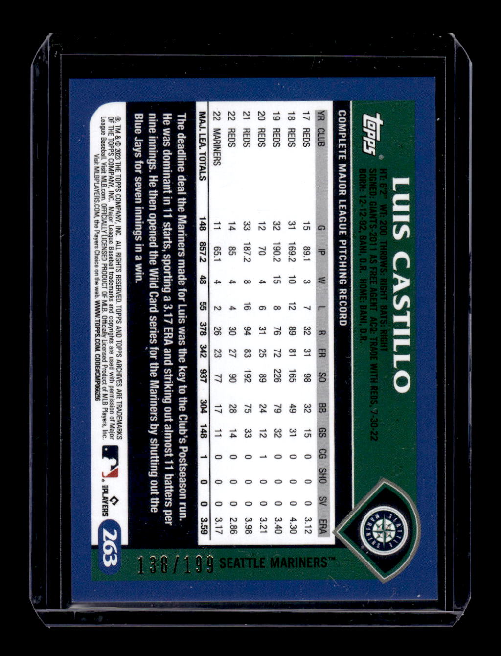 2023 Topps Archives - 2003 Topps Rainbow Foil #263 Luis Castillo #'d /199 (Seattle Mariners)