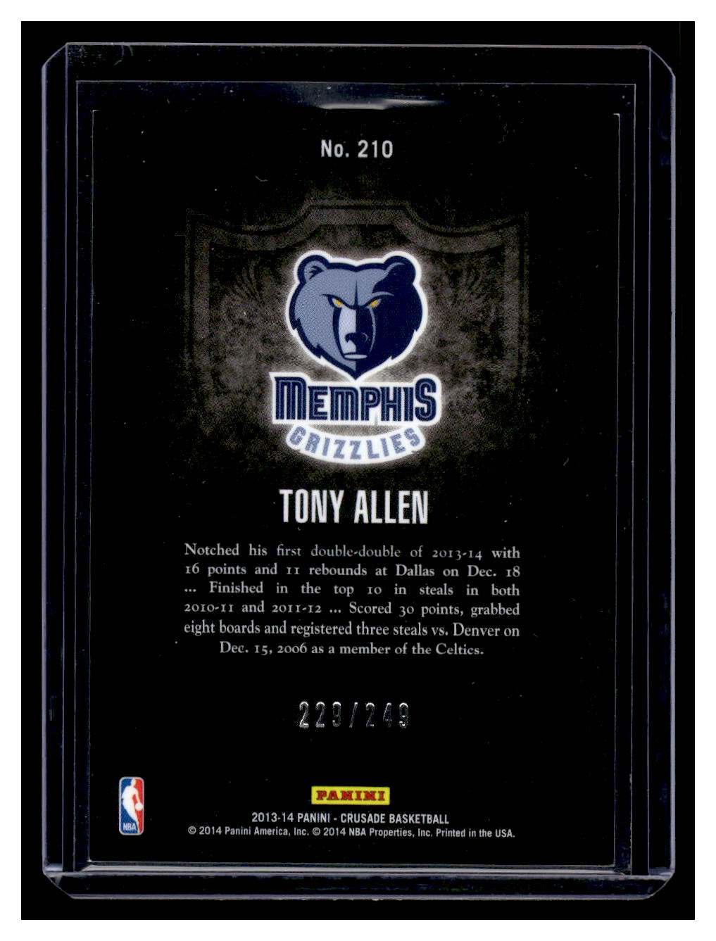 2013-14 Panini Crusade "Teal" #210 Tony Allen #'d /249 (Memphis Grizzles)