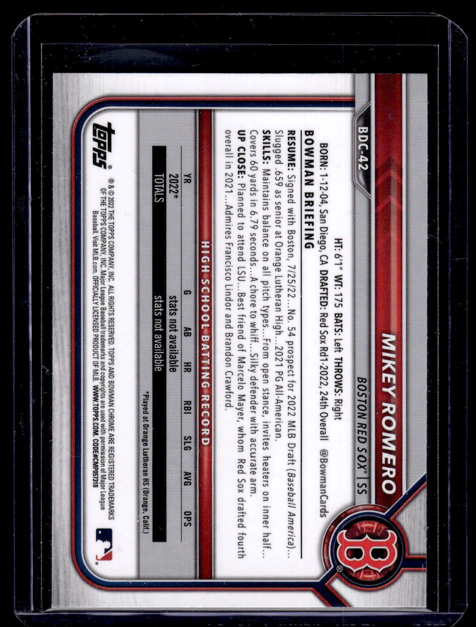 2022 Bowman Draft Chrome #BDC-42 Mikey Romero (Boston Red Sox)