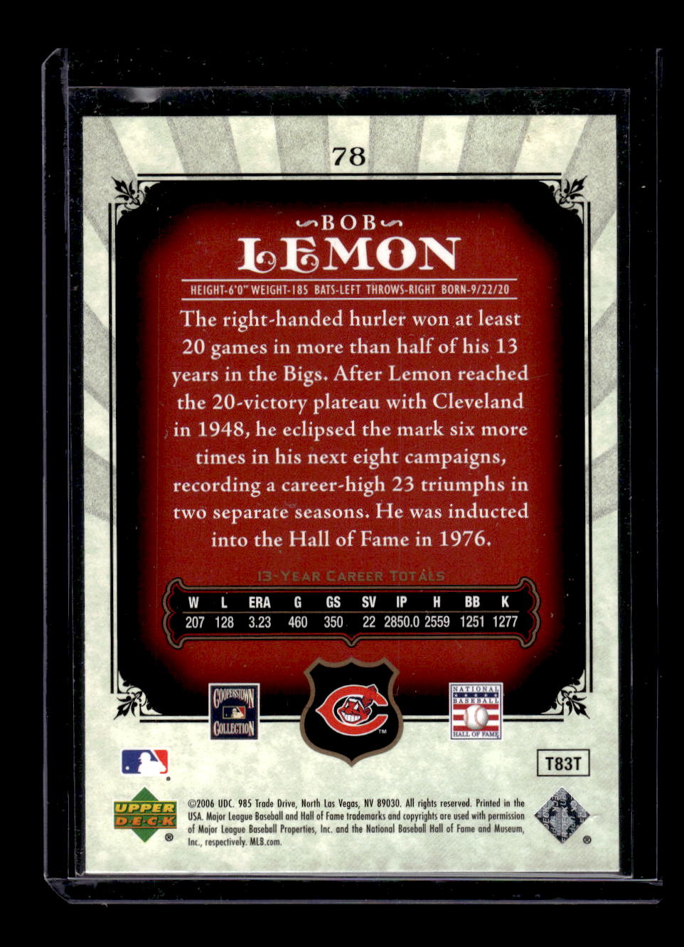 2006 SP Legendary Cuts #78 Bob Lemon (Cleveland Indians)