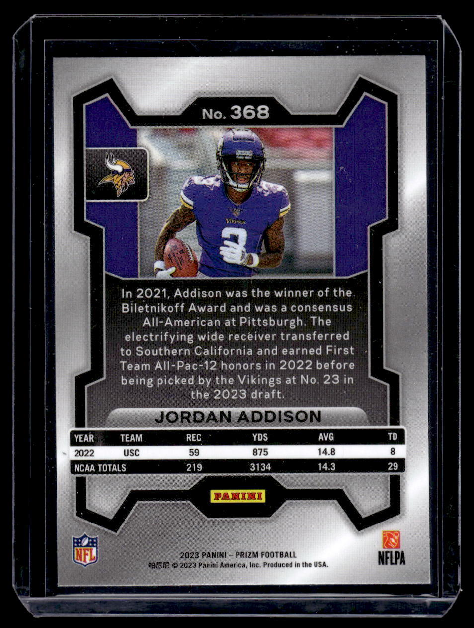 2023 Panini Prizm #368 Jordan Addison Rookie RC (Minnesota Vikings)