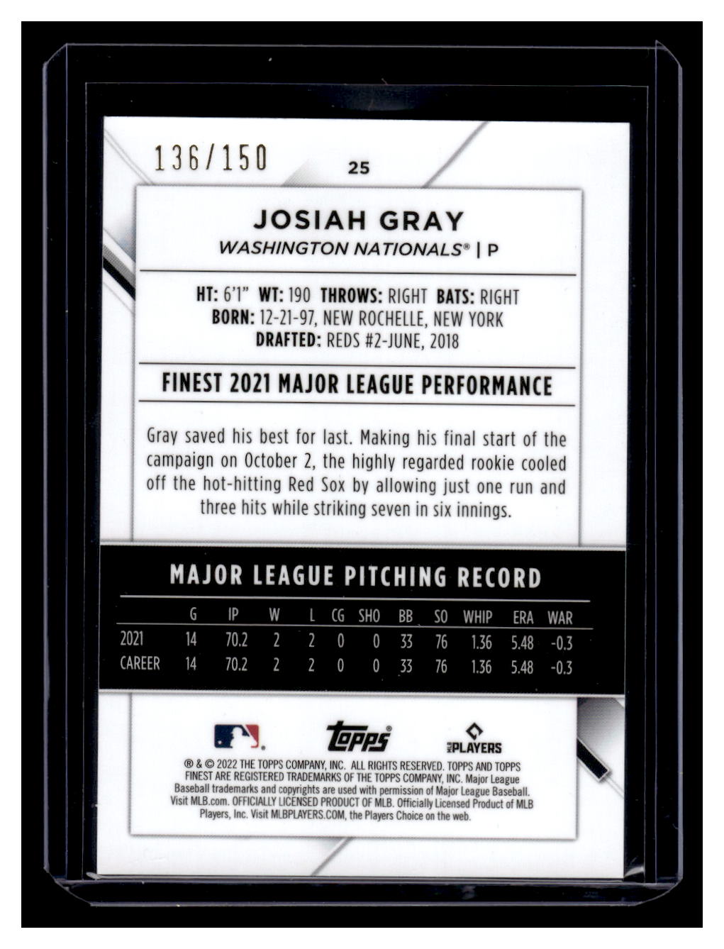 2022 Topps Finest Josiah Gray Rookie RC Blue Refractor #'d /150 SP (Washington Nationals)