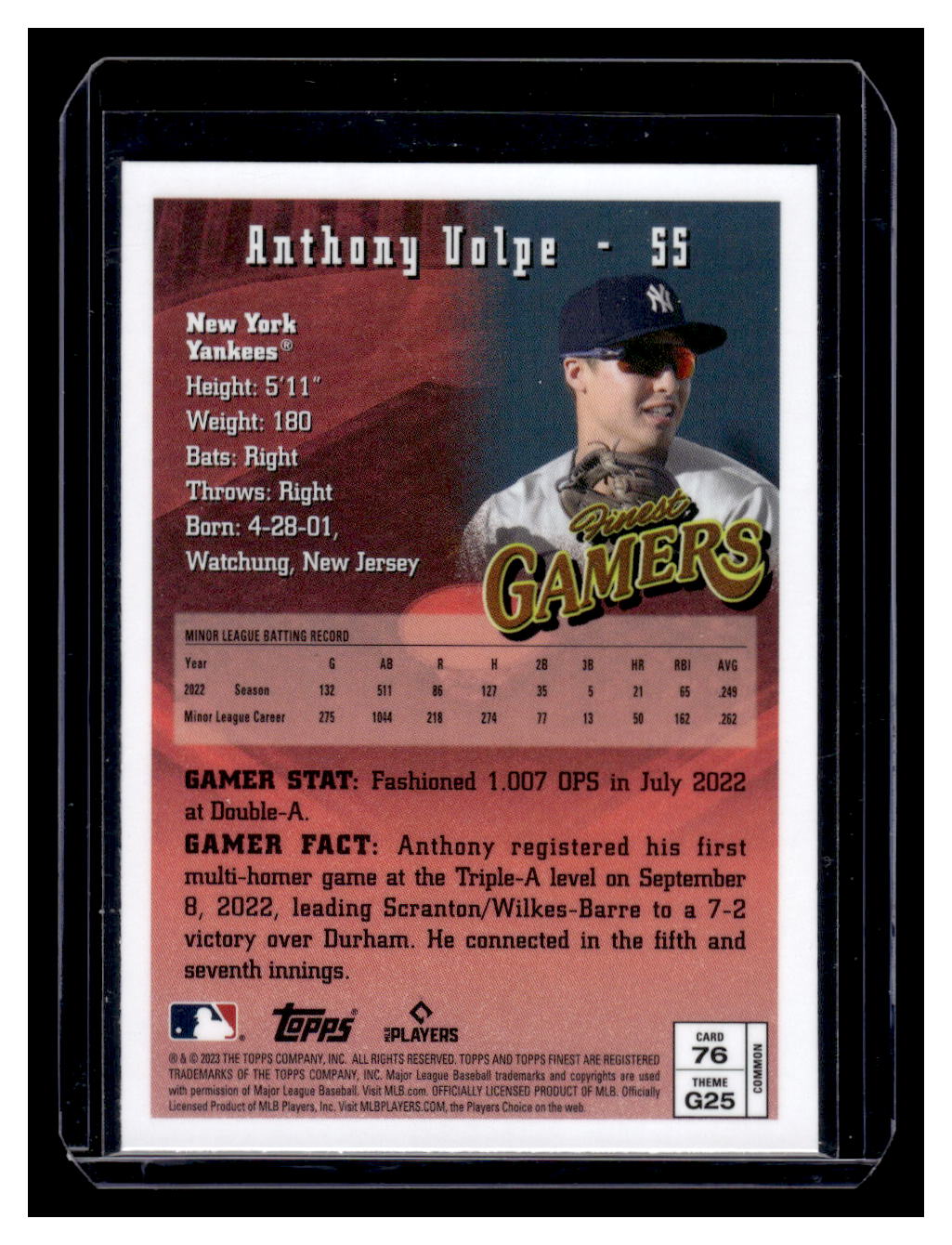 2023 Topps Finest #76 "GAMERS" Anthony Volpe Rookie RC (New York Yankees)