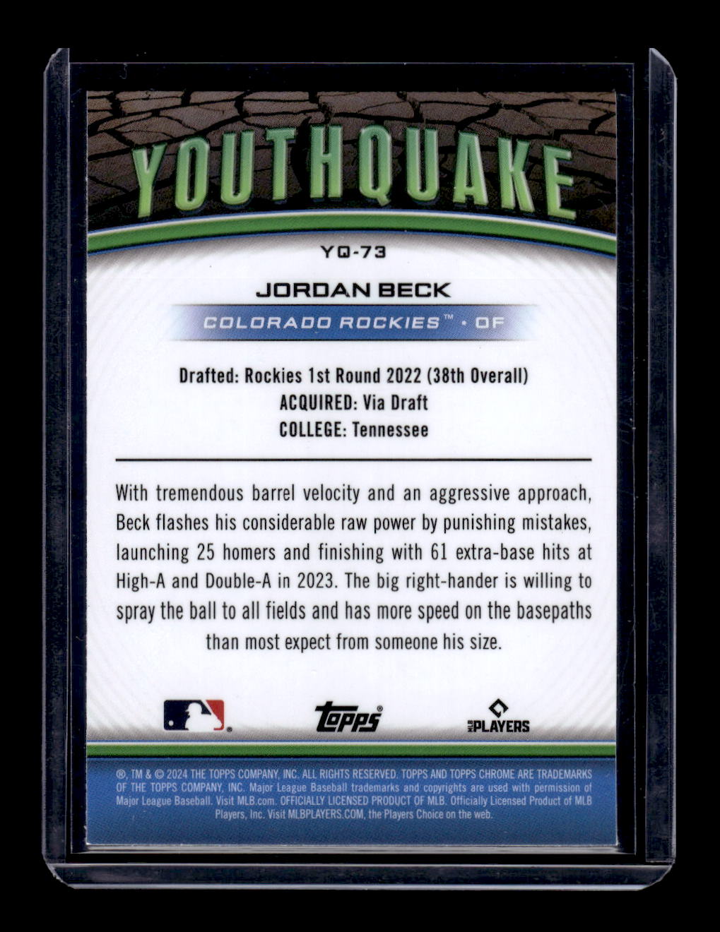 2024 Topps Chrome Update Series "Youthquake" #YQ-73 Jordan Beck RC (Colorado Rockies)