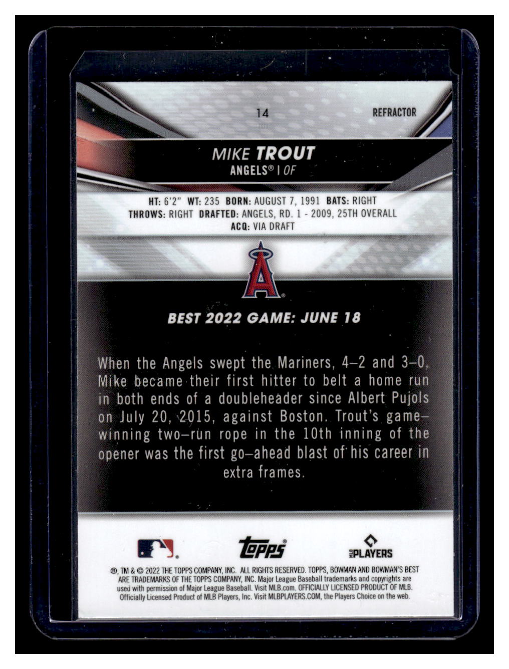 2022 Bowman's Best #14 Mike Trout Refractor (Los Angeles Angels)