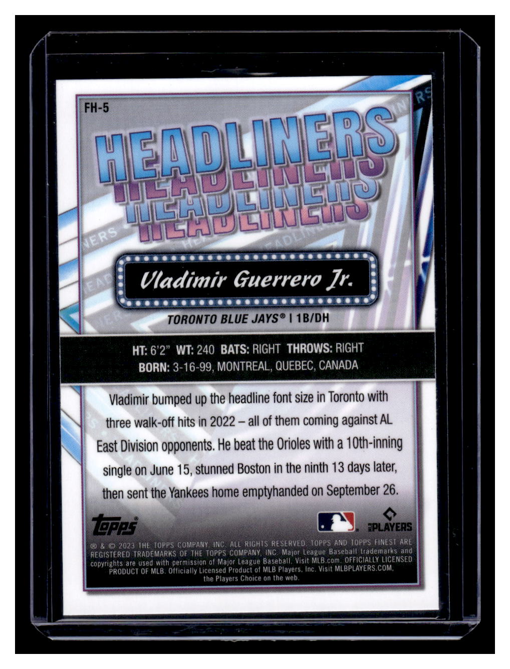 2023 Topps Finest "Headliners" #FH-5 Vladimir Guerrero Jr. (Toronto Blue Jays)