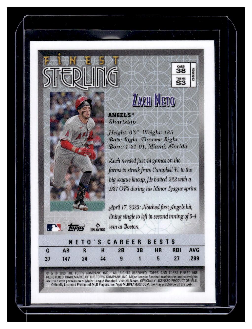 2023 Topps Finest "Sterling" #38 Zach Neto Rookie RC (Los Angeles Angels)