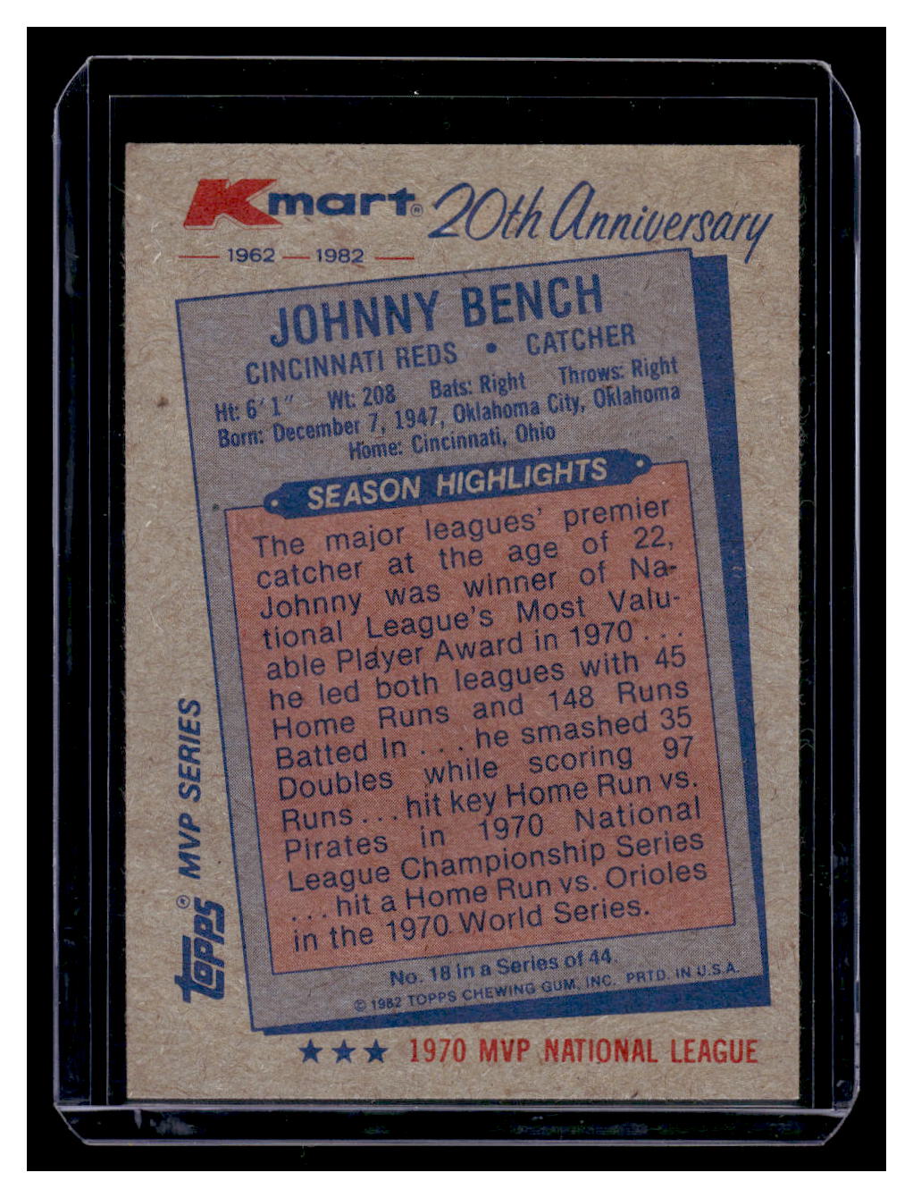 1982 Topps Kmart 20th Anniversary #18 Johnny Bench (Cincinnati Reds)