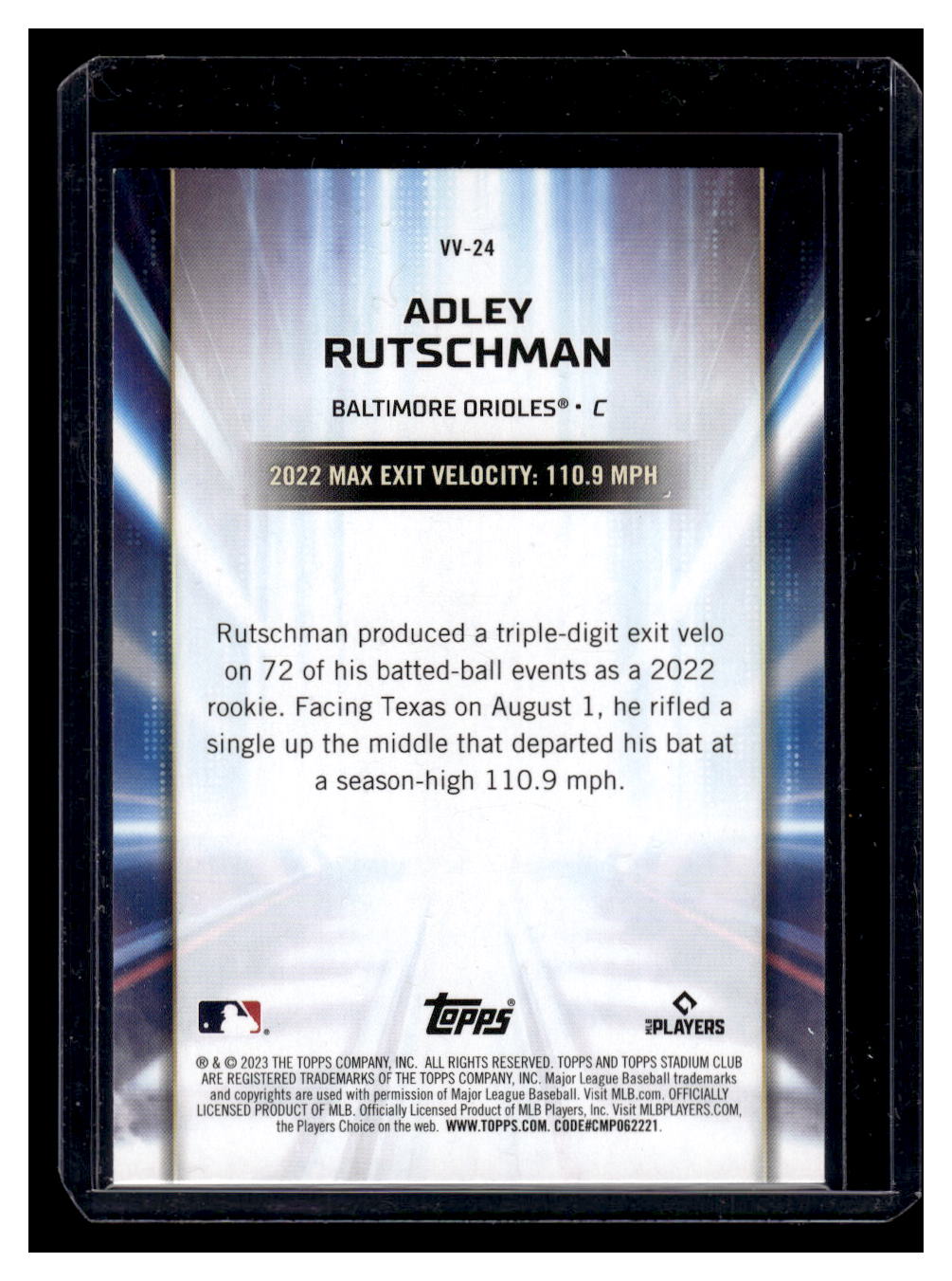 2023 Stadium Club Virtuosos of Velocity #VV24 Adley Rutschman Rookie RC (Baltimore Orioles)