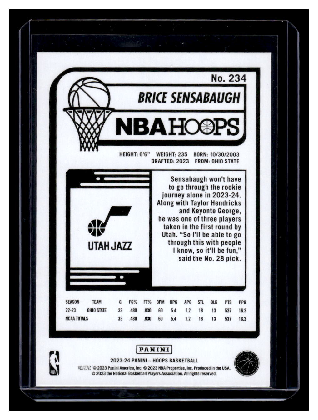 2023-24 NBA Hoops #234 Brice Sensabaugh (Utah Jazz)