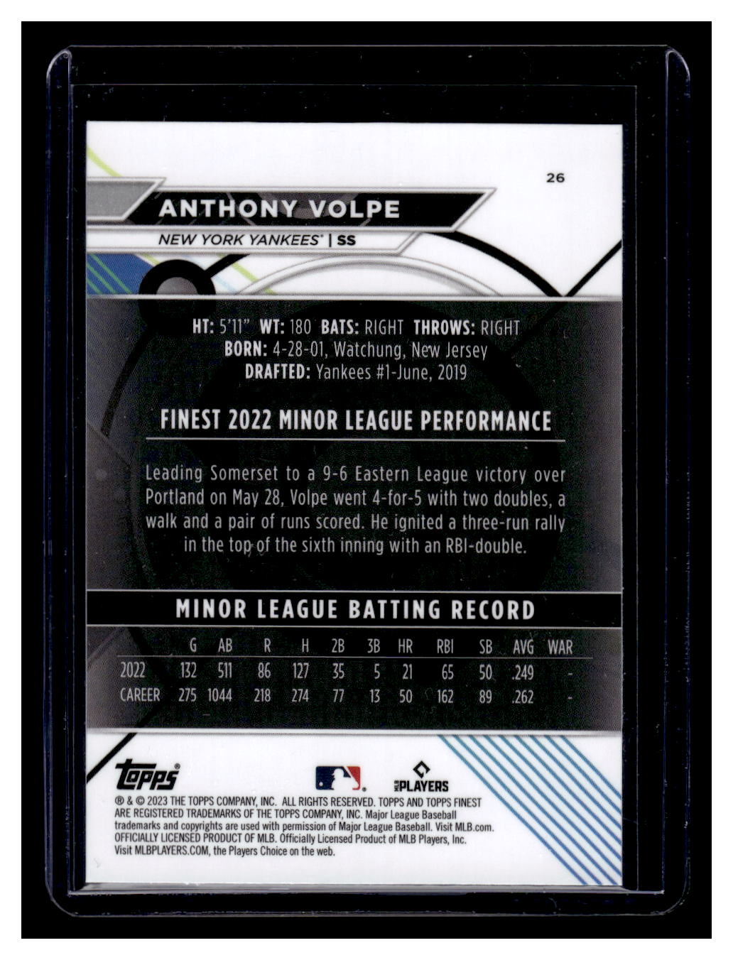 2023 Topps Finest #26 Anthony Volpe Rookie RC (New York Yankees)