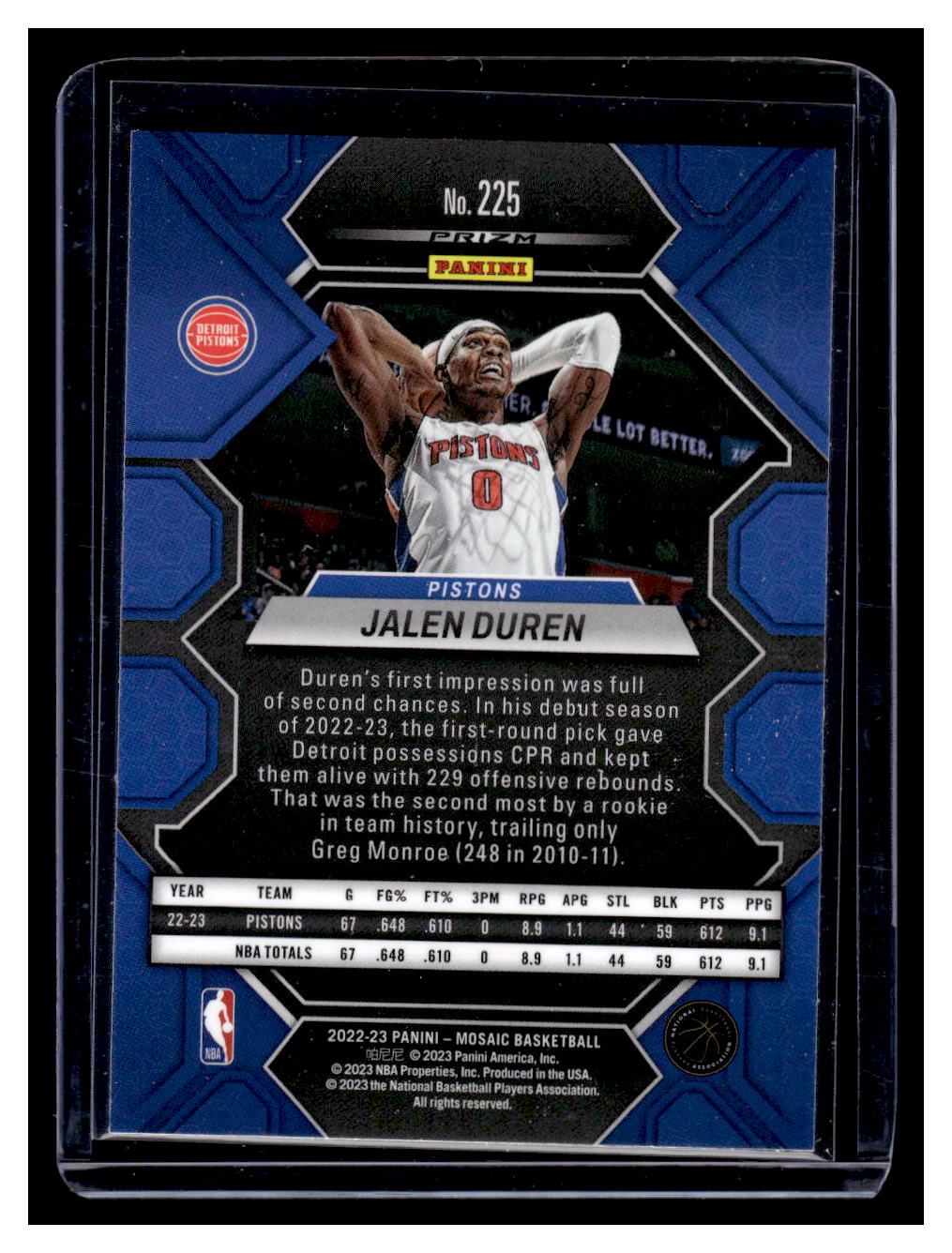 2022-23 Panini Mosaic #225 Jalen Duren Rookie RC (Detroit Pistons)