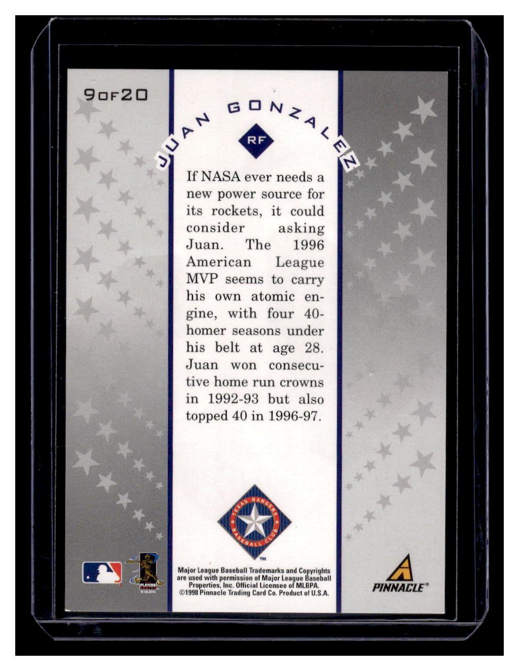 1998 Score Rookie & Traded "Star Gazing" #9 Juan Gonzalez (Texas Rangers)