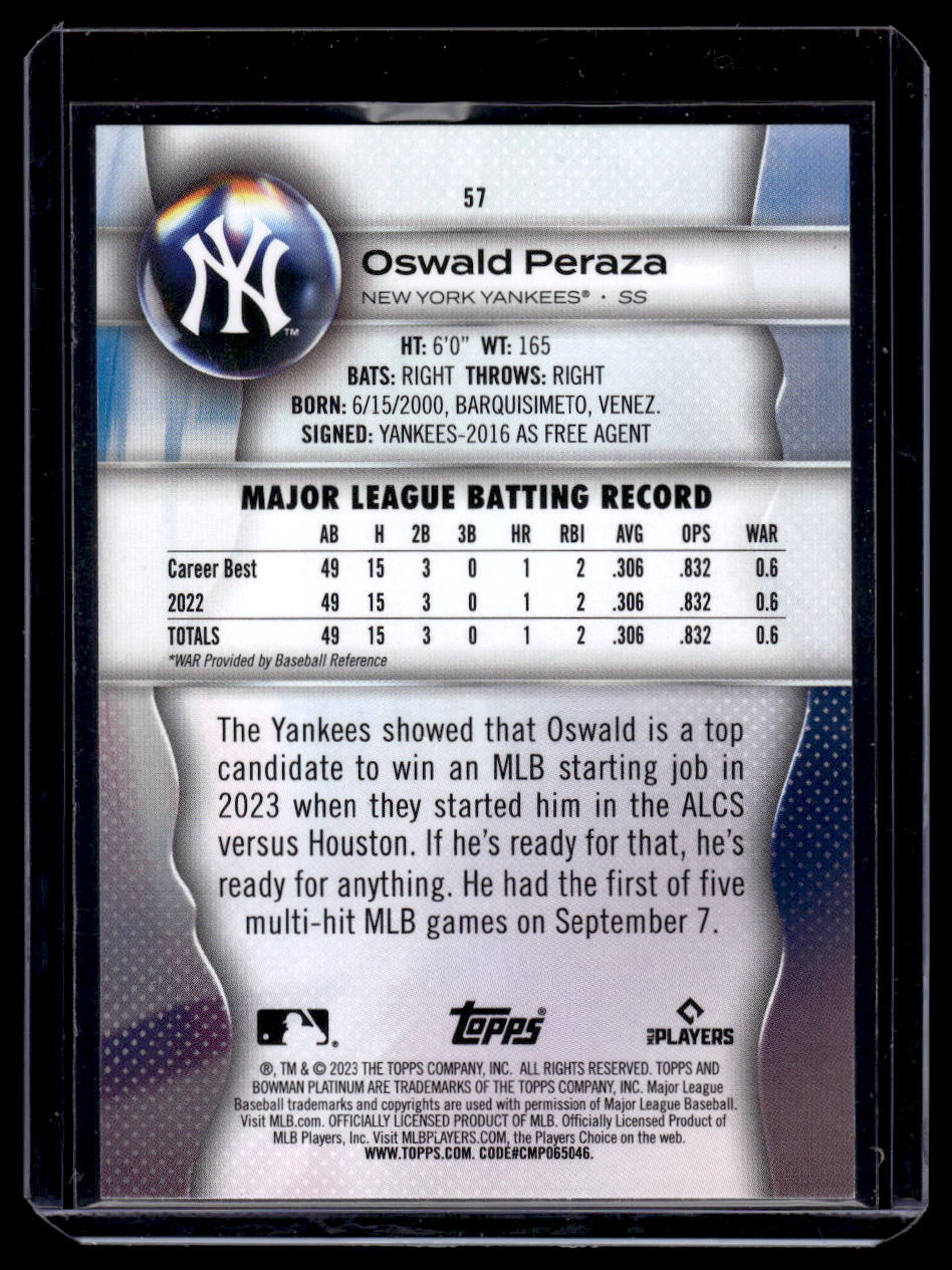 2023 Bowman Platinum #57 Oswald Peraza Rookie RC (New York Yankees)