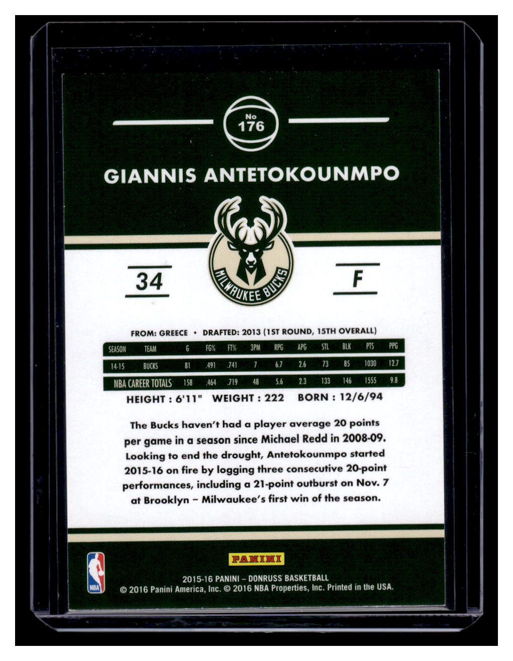 2015-16 Donruss #176 Giannis Antetokounmpo (Milwaukee Bucks)