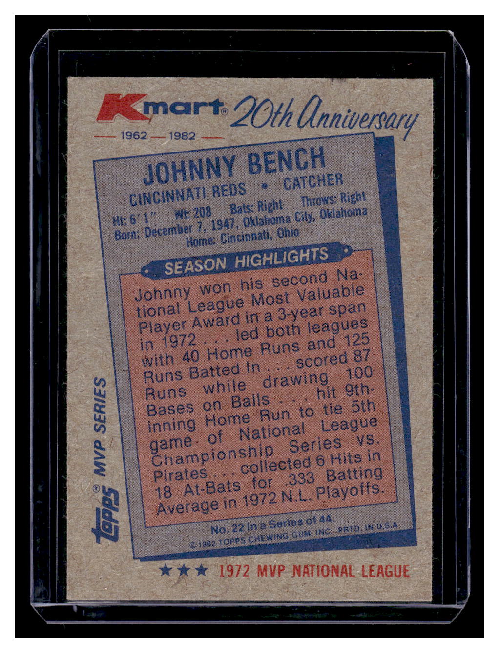 1982 Topps Kmart 20th Anniversary #22 Johnny Bench (Cincinnati Reds)