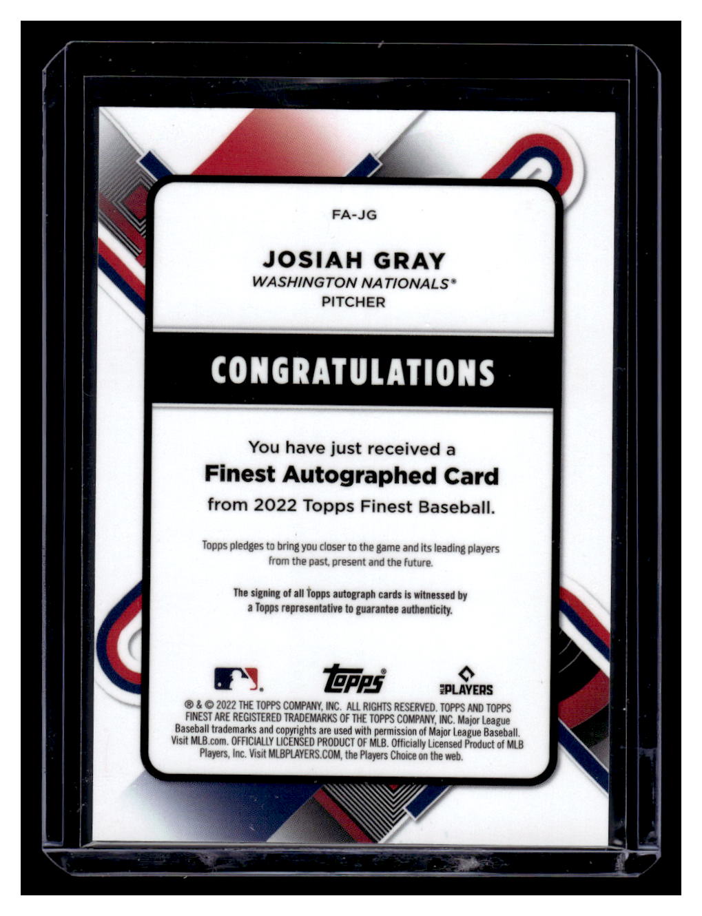 2022 Topps Finest #FA-JG Josiah Gray Autograph Orange #'d 15/25 Rookie RC (Washington Nationals)