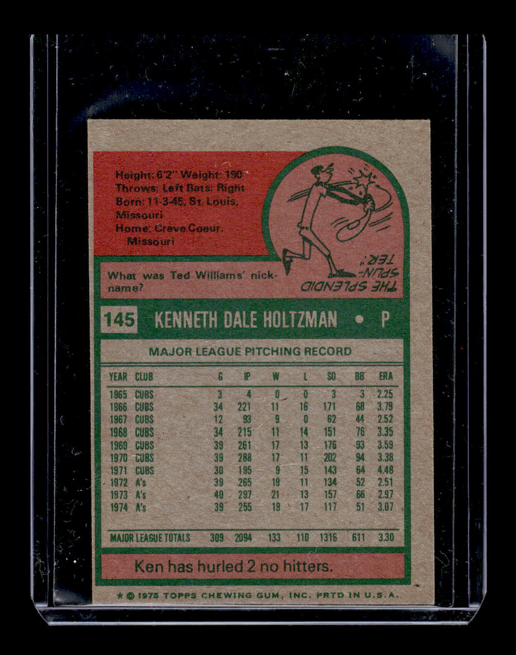 1975 Topps Mini #145 Ken Holtzman (Oakland A's)