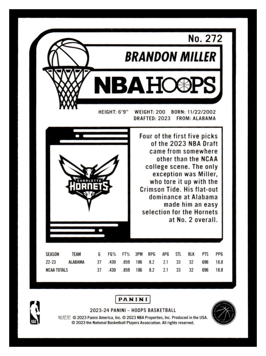 2023-24 NBA Hoops #272 Brandon Miller Rookie RC (Charolette Hornets)