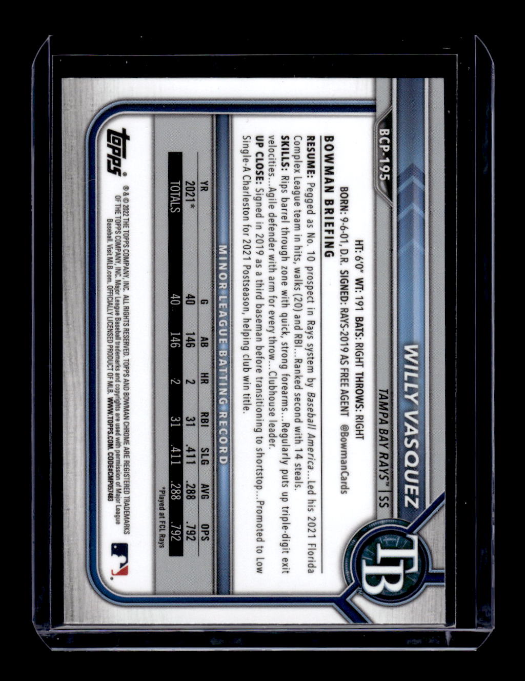 2022 Topps Bowman Chrome #BCP-195 "Sapphire - Cracked Ice" Willy Vasquez (Tampa Bay Rays)