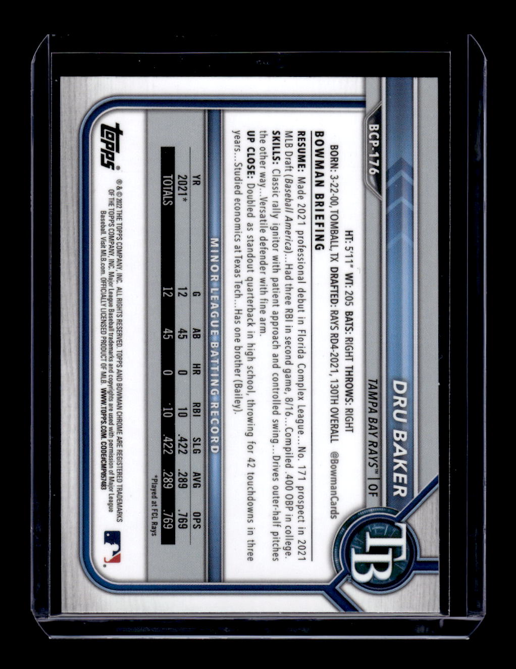 2022 Topps Bowman Chrome #BCP-176 "Sapphire - Cracked Ice" Dru Baker (Tampa Bay Rays)