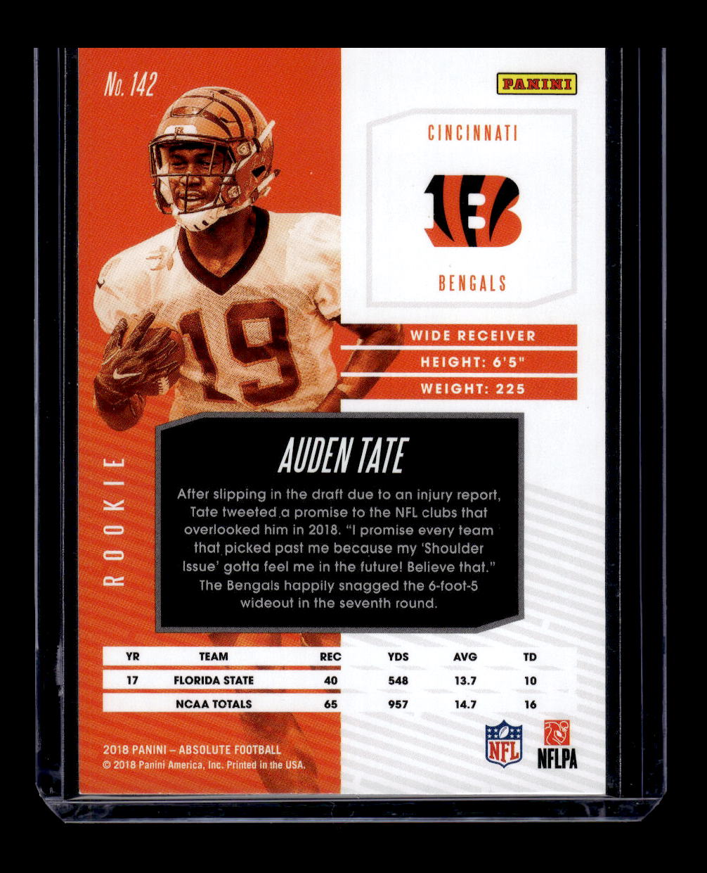 2018 Panini Absolute #142 Auden Tate RC Rookie (Cincinnati Bengals)