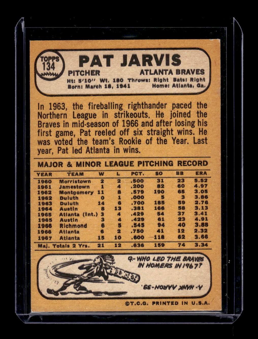 1968 Topps #134 Pat Jarvis (Atlanta Braves)