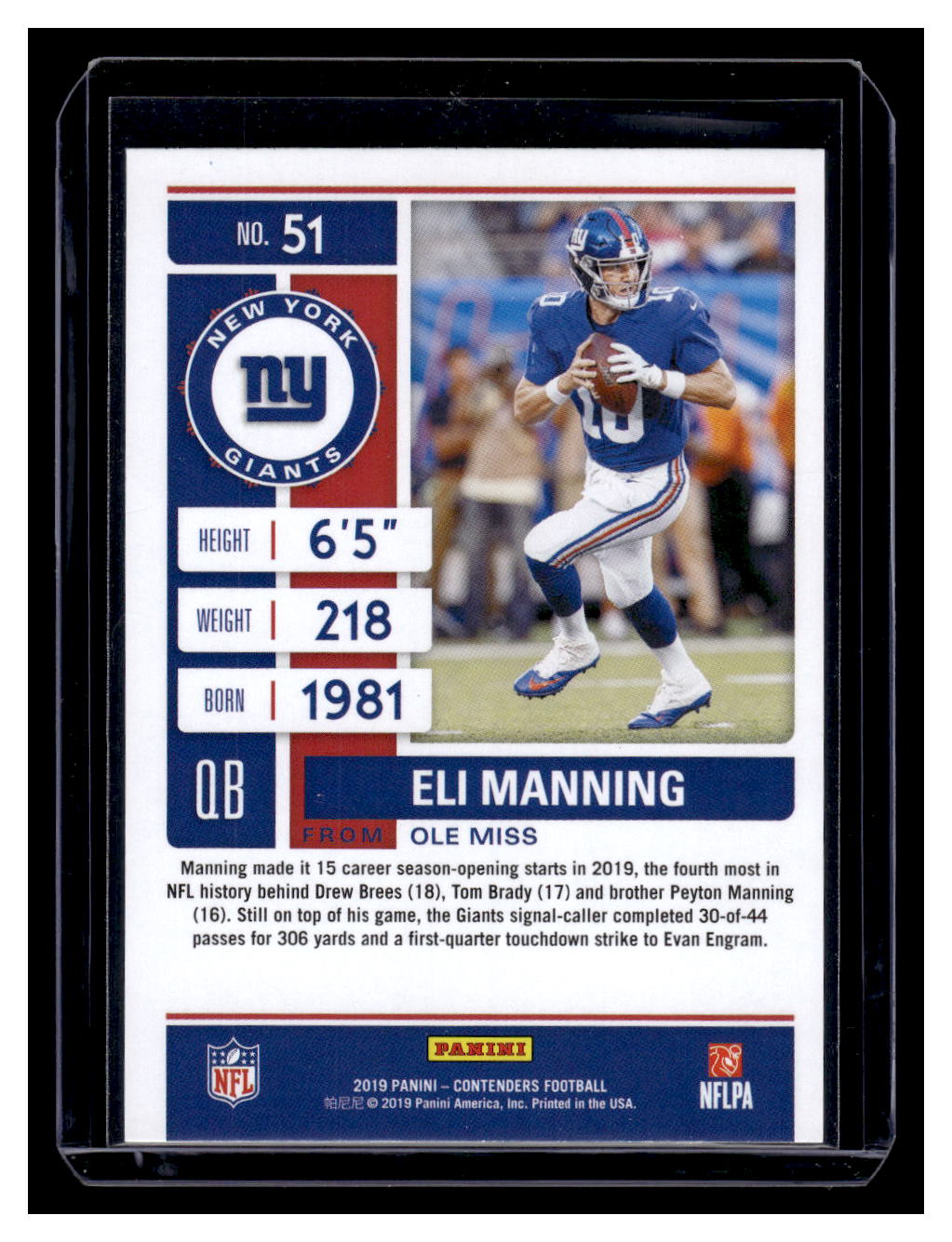 2019 Panini Contenders #51 Eli Manning (New York Giants)