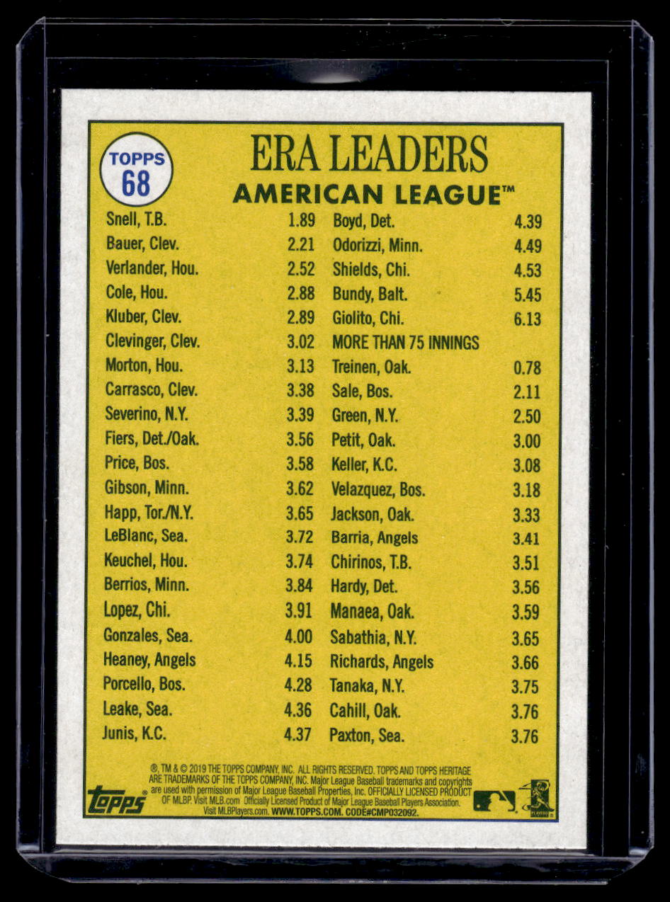 2019 Topps Heritage "2018 A.L. ERA Leaders" #68 Justin Verlander / Trevor Bauer / Blake Snell