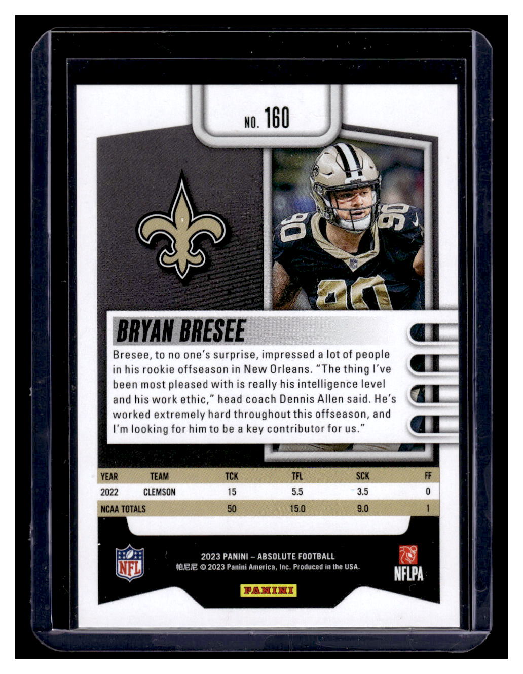 2023 Absolute #160 "Red Squares" Bryan Bresee #'d /499 Rookie RC (New Orleans Saints)