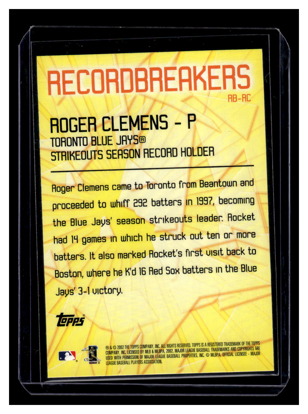 2003 Topps "Record Breaker's Series 1" #RB-RC Rogers Clemens (Toronto Blue James)