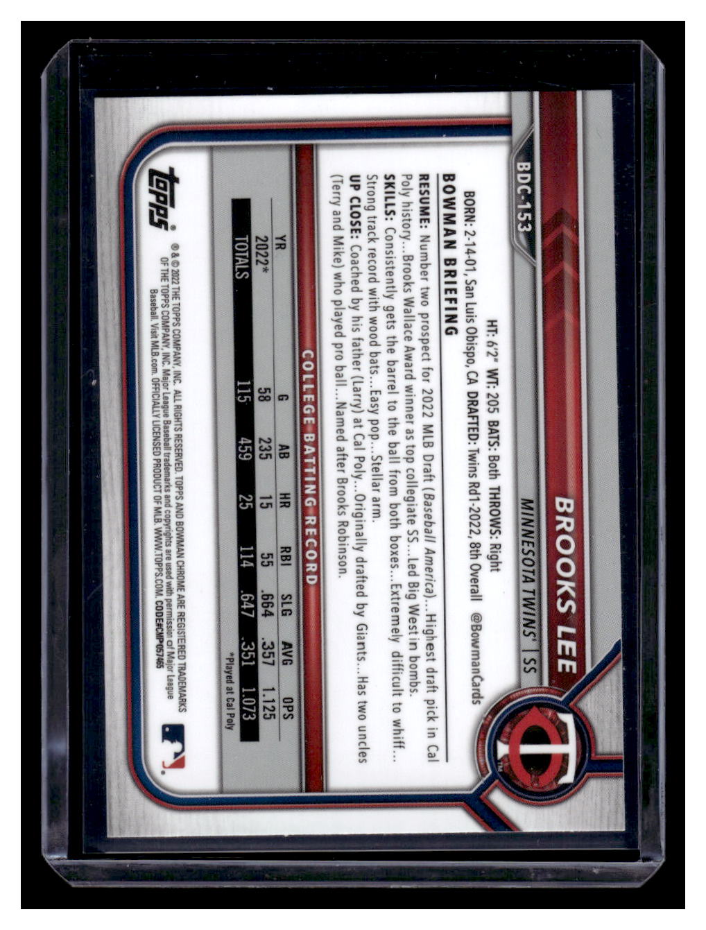 2022 Topps Bowman Chrome #BDC-153 "Sapphire - Cracked Ice" Brooks Lee (Minnesota Twins)