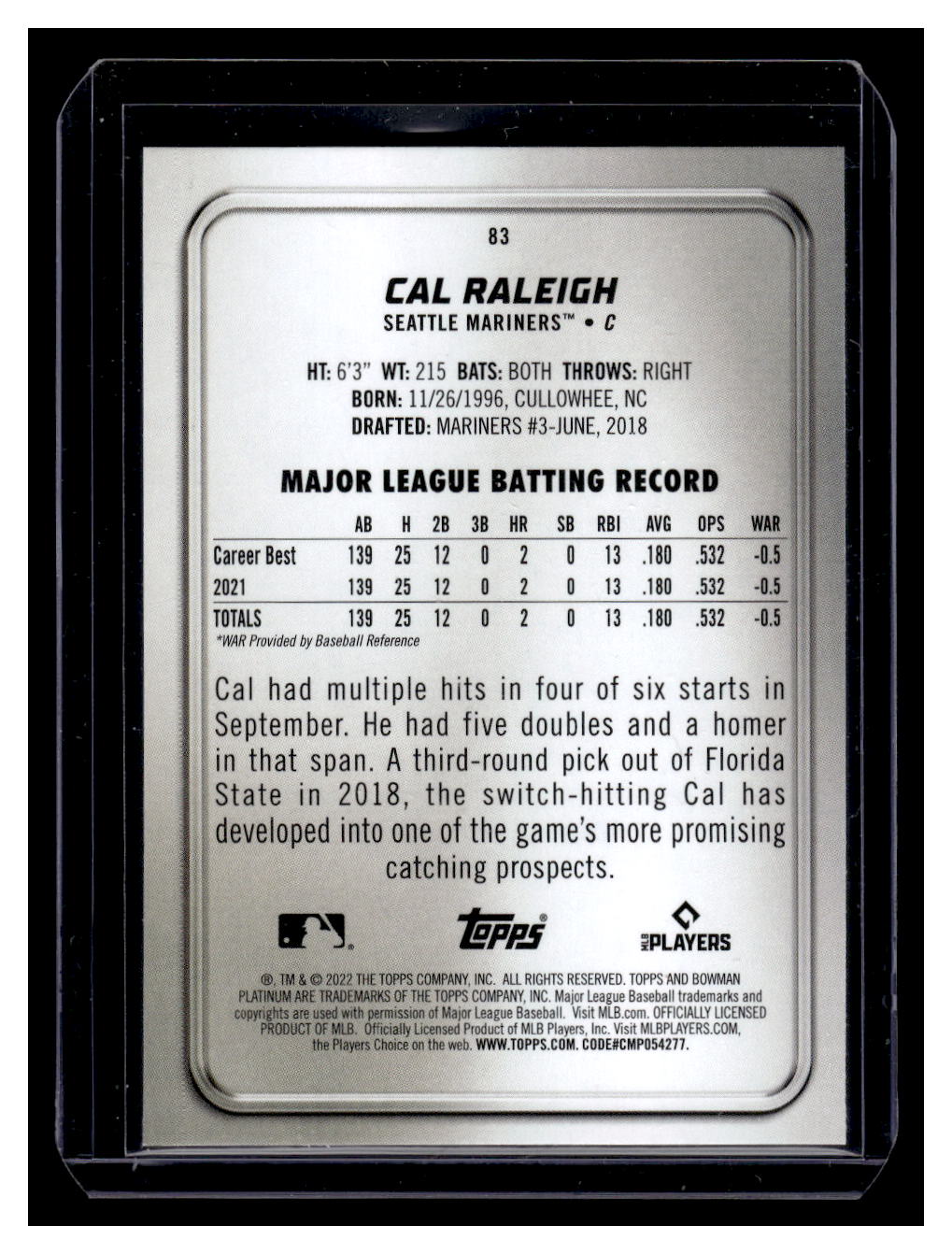 2022 Bowman Platinum #83 Cal Raleigh Rookie RC (Seattle Mariners)