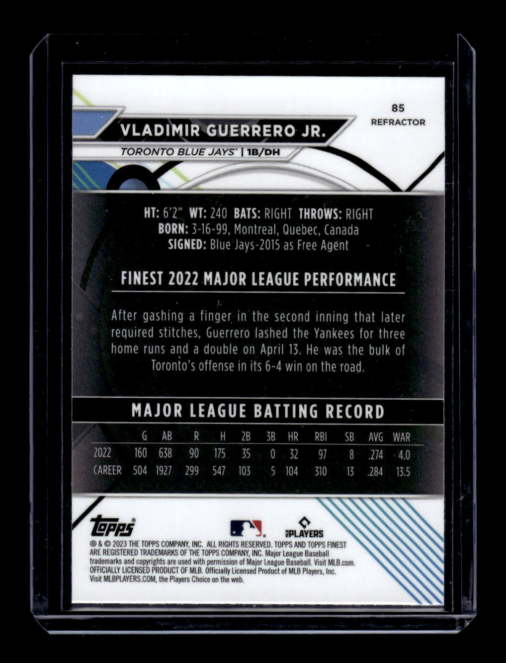 2023 Finest Refractors #85 Vladimir Guerrero Jr. (Toronto Blue Jays)