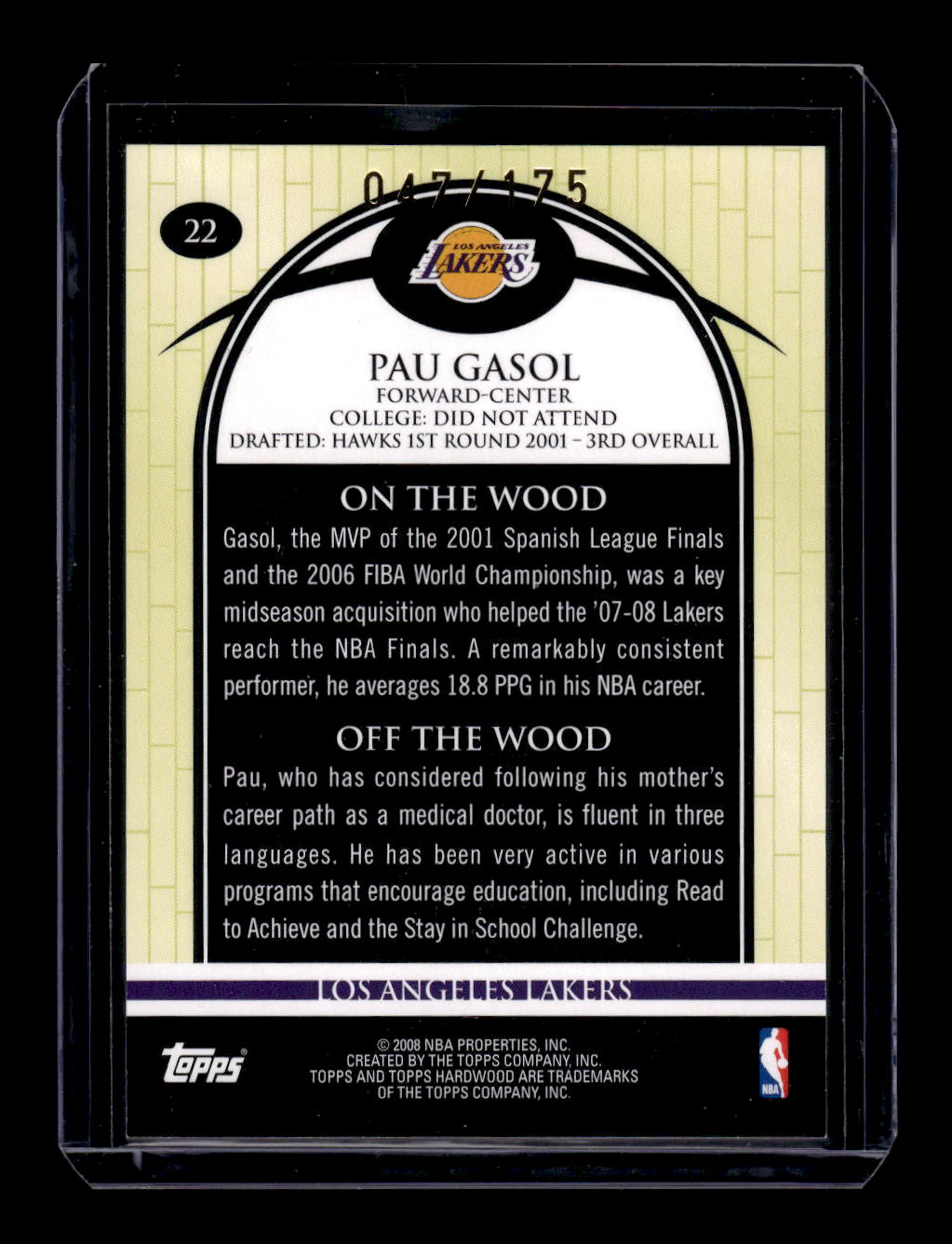 2008-09 Topps Hardwood Maple #22 Pau Gasol #'d 047/175 (Los Angeles Lakers)