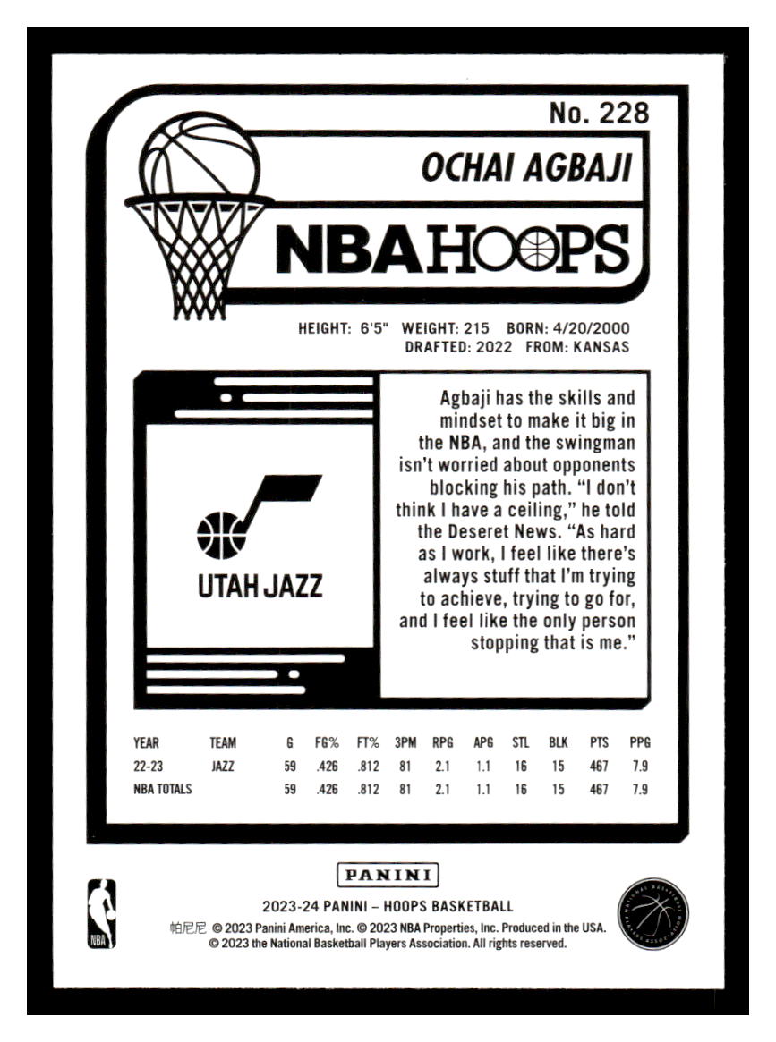 2023-24 NBA Hoops #228 Ochai Agbaji (Utah Jazz)