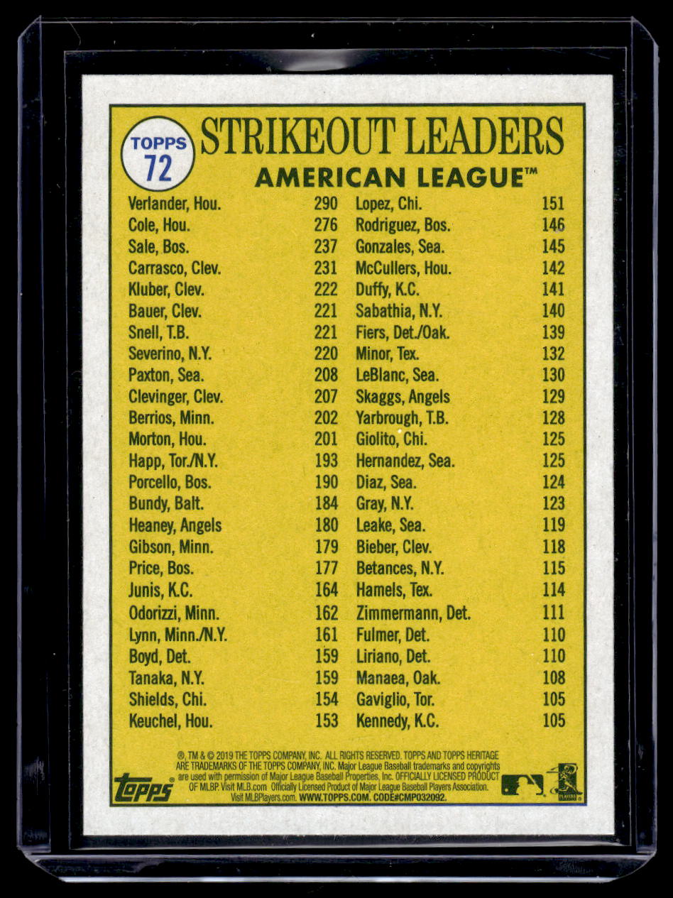 2019 Topps Heritage "2018 A.L. Strike Out Leaders" #72 Chris Sale / Justin Verlander / Gerrit Cole