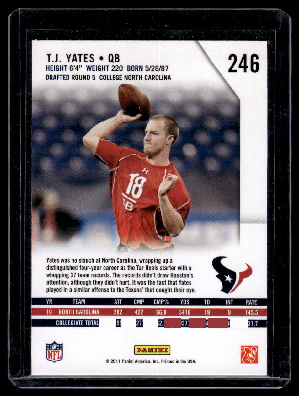 2011 Panini Rookies & Stars Rookie Card #246 T.J. Yates (Houston Texans)