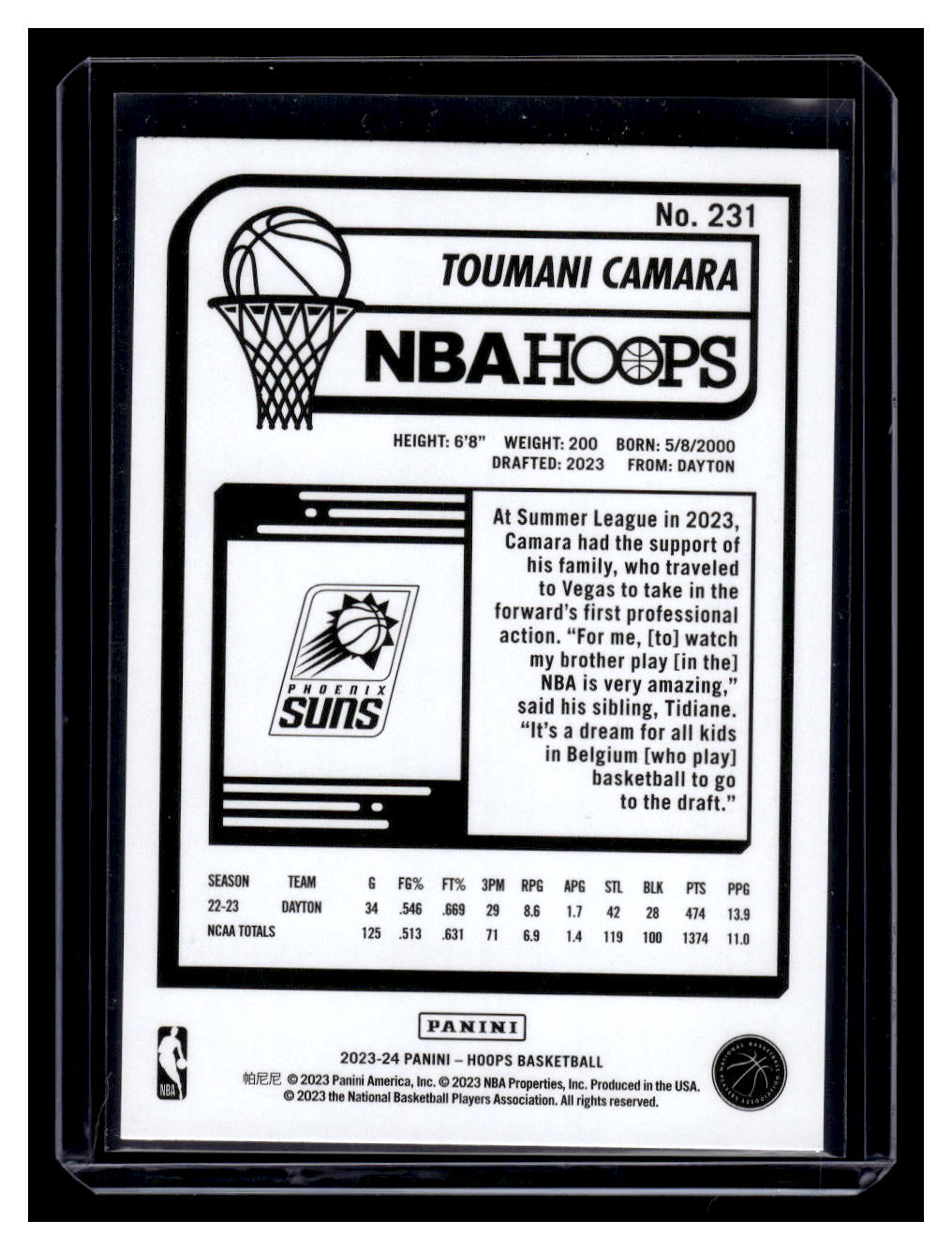 2023-24 NBA Hoops #231 Toumani Camara Rookie RC (Phoenix Suns)