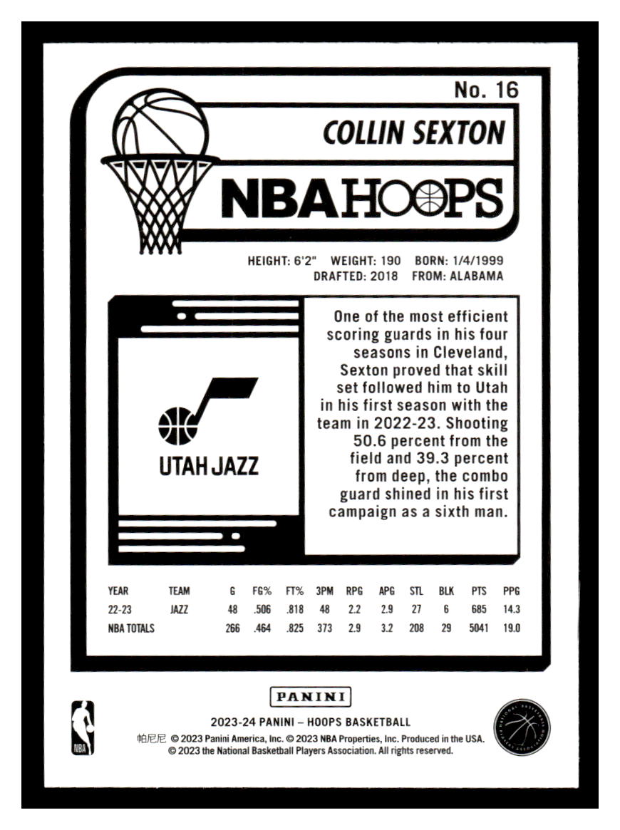 2023-24 NBA Hoops #16 Colin Sexton (Utah Jazz)