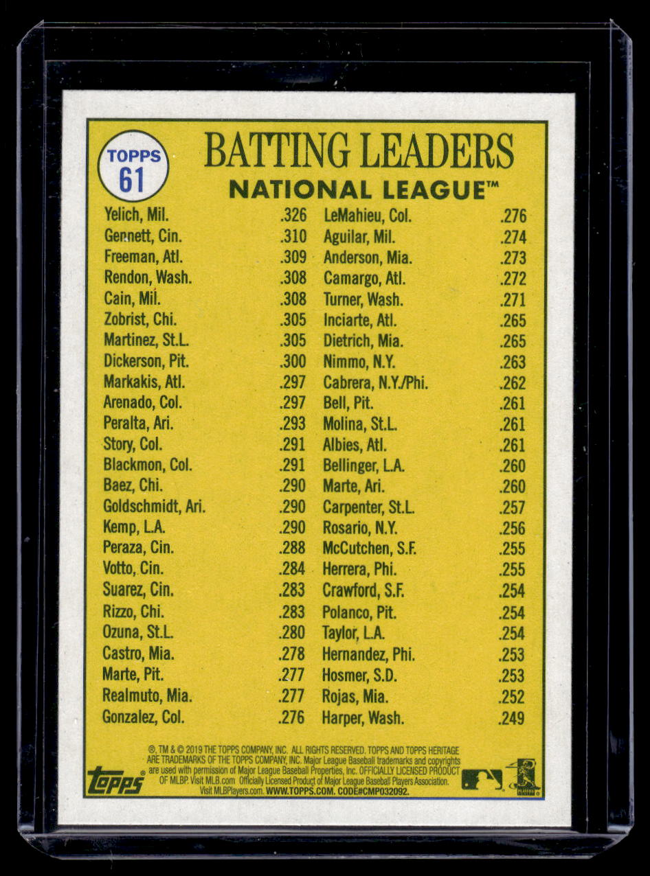 2019 Topps Heritage "2018 N.L. Batting Leaders" #61 Christian Yelich / Freddie Freeman / Scooter Gennett