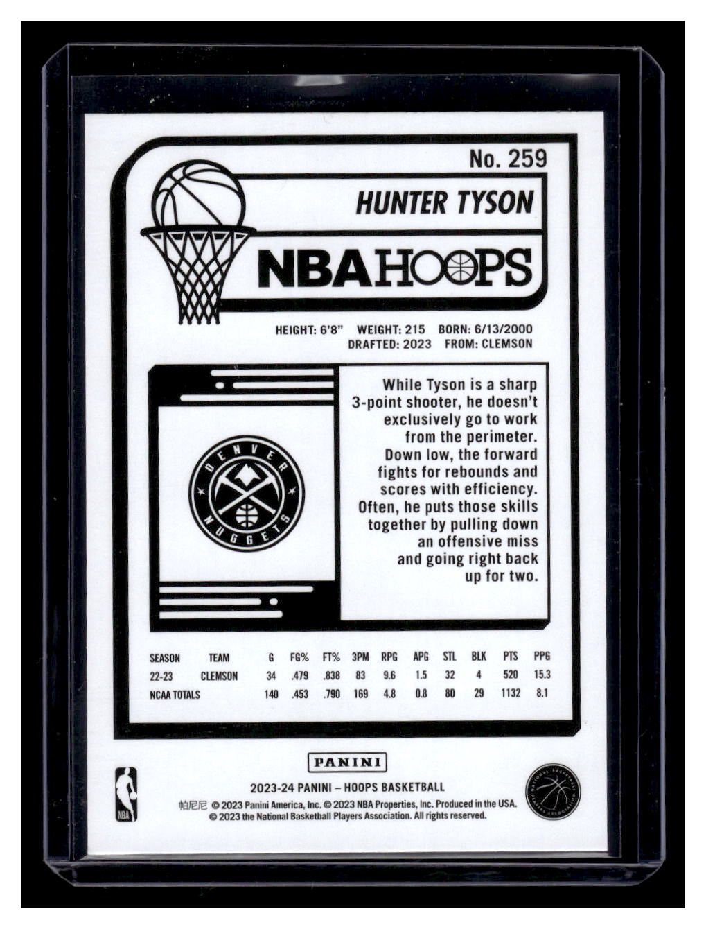 2023-24 NBA Hoops #259 Hunter Tyson Rookie RC (Denver Nuggets)