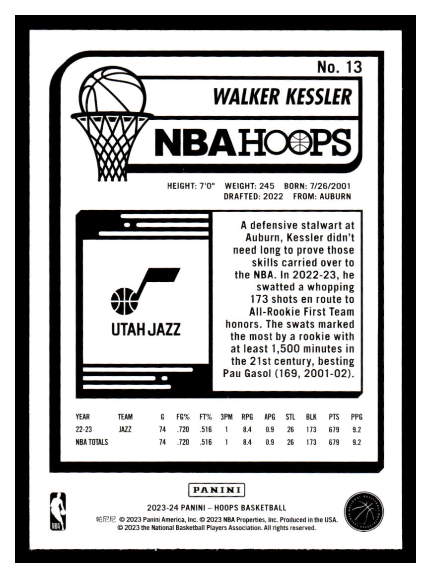 2023-24 NBA Hoops #13 Walker Kessler (Utah Jazz)