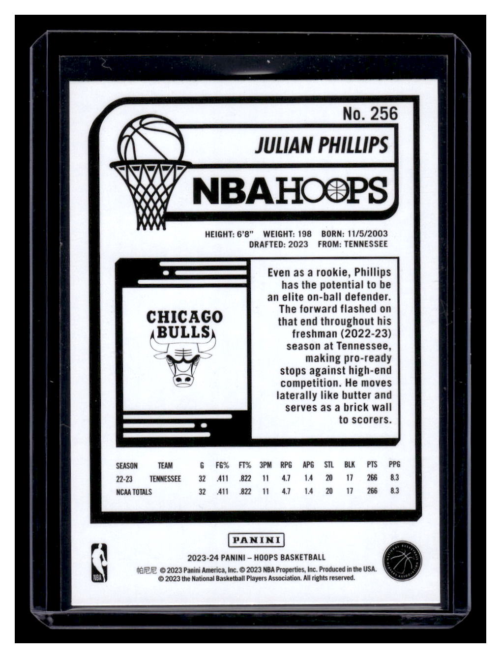 2023-24 NBA Hoops #256 Julian Phillips Rookie RC (Chicago Bulls)